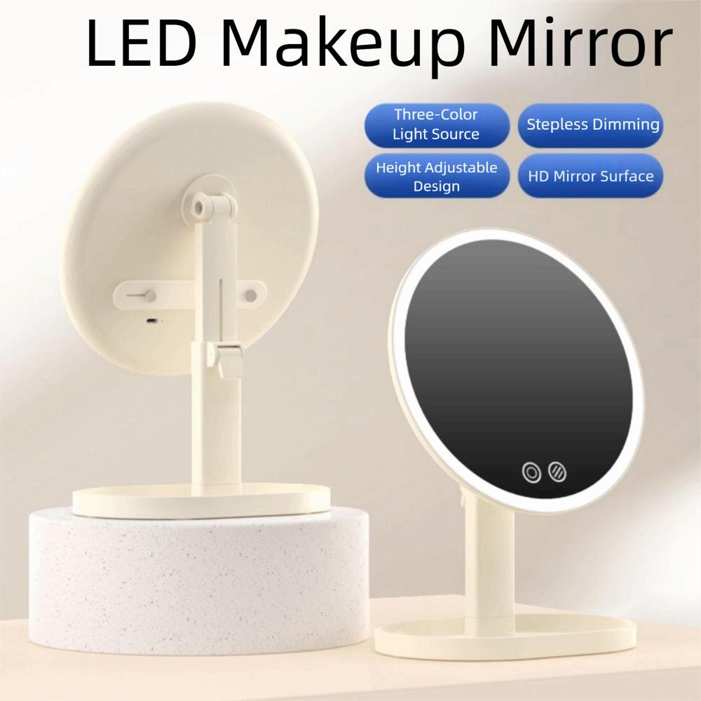 Rotatable Makeup Mirror with LED Light Tricolor Light Adjustable Desktop Mirror Travel