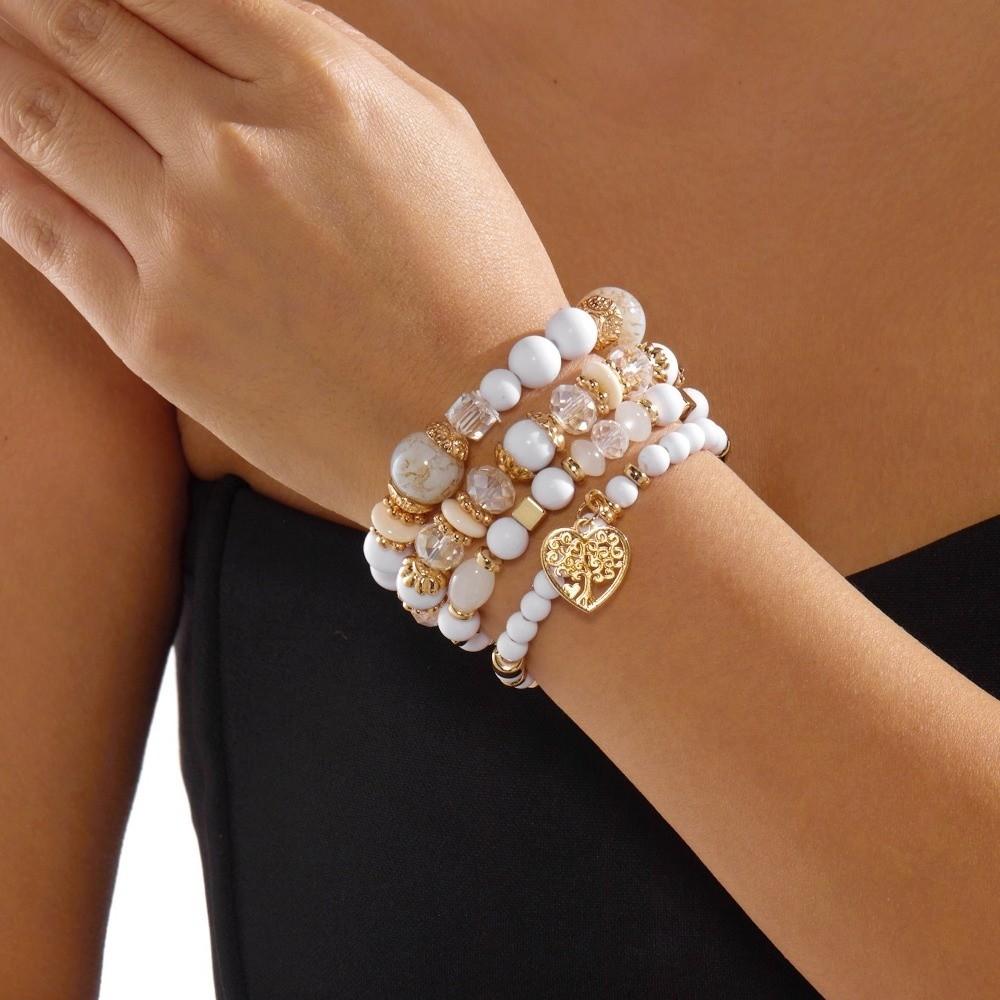 Ethnic Style Bohemian Beads Bracelet Heart Charm Multi-Layer Bracelets Women Bangle Set Gifts