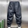 Men Pants Faux Leather Elastic Waist Windproof Waterproof Ankle-banded Patchwork Solid Color Loose Thick
