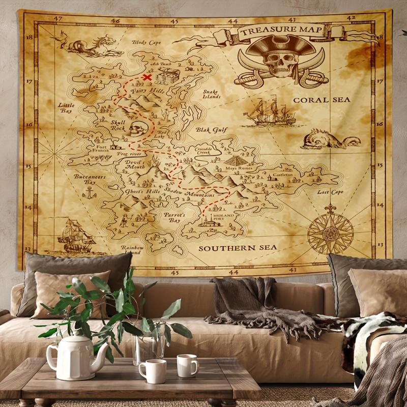 VIKAMA Retro Pirate Treasure Map Tapestry Sheepskin Scroll Treasure Hunt Map Background Cloth Living Room Room Decoration