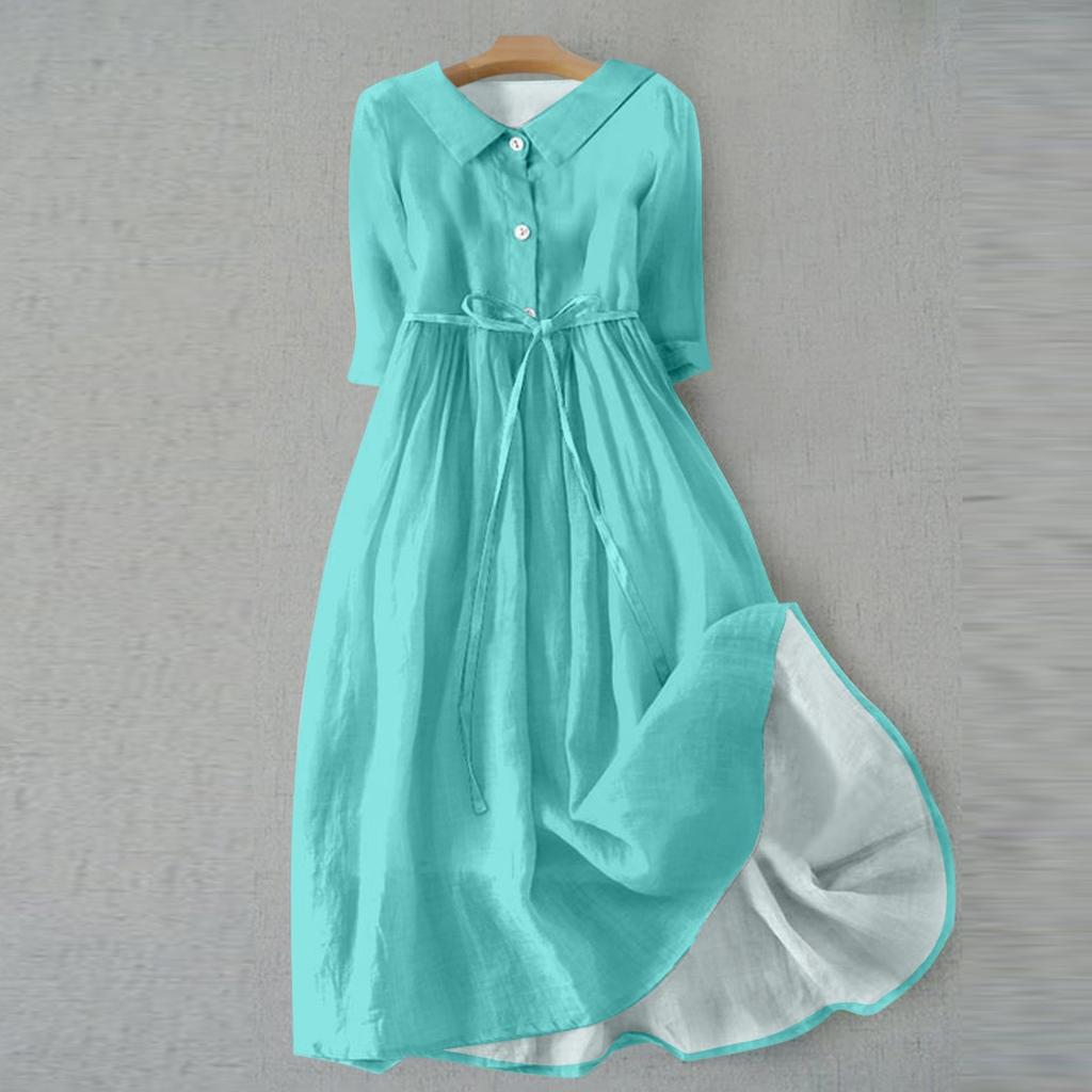 Женская мода повседневное однотонное платье с воротником с лацканами и рукавами 3/4 на бретелях