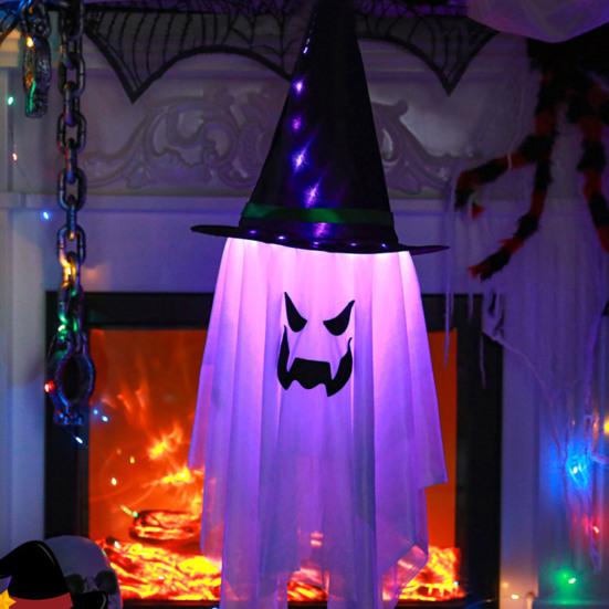 Halloween Light-up Ghost Decoration Spooky LED Witch Hat Ghost Lamp Indoor Outdoor Garden Porch Yard