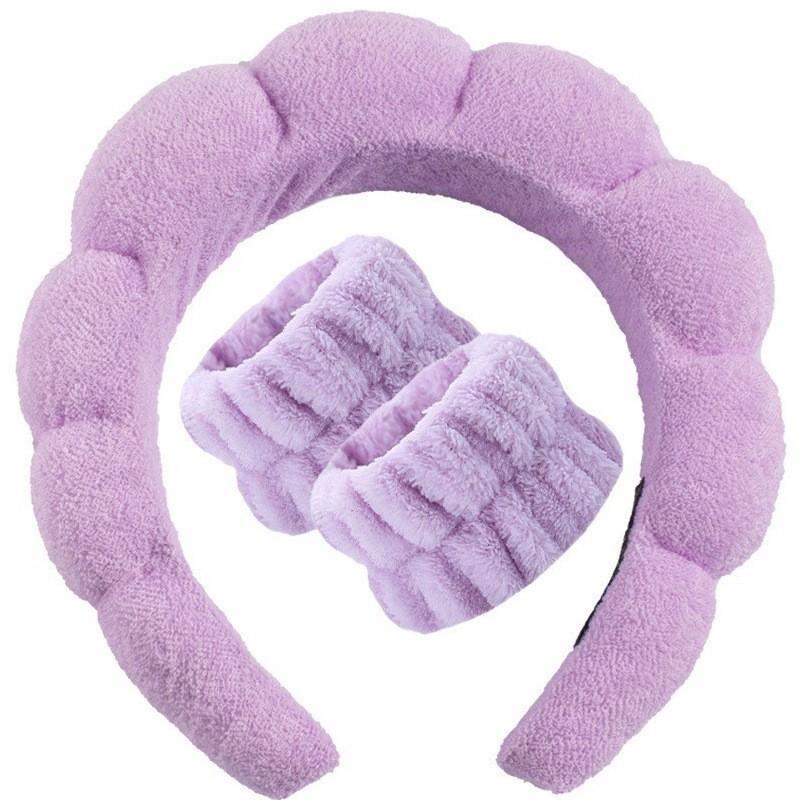Wash Face Headband & Wrist Band Set 3 Pcs Soft Fluffy Absorbent for Skincare Makeup Shower Spa Facial Cleansing