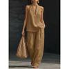 Cotton Linen Blend Sleeveless Pantsuit With Patching For Casual Women Spring Summer