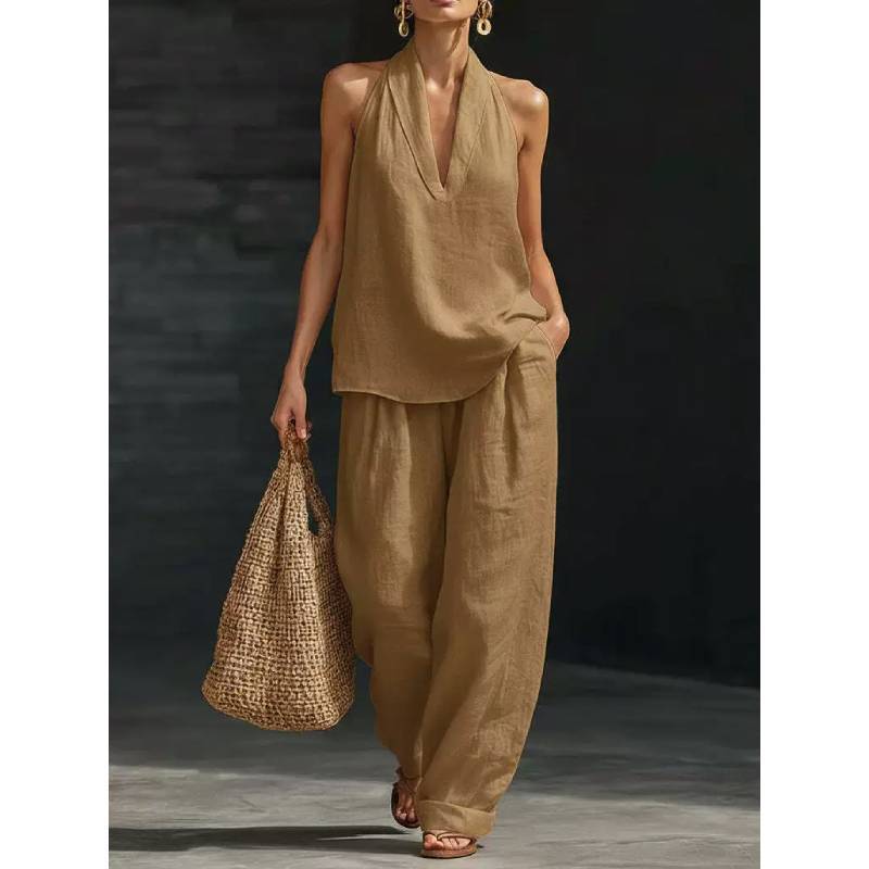 Cotton Linen Blend Sleeveless Pantsuit With Patching For Casual Women Spring Summer