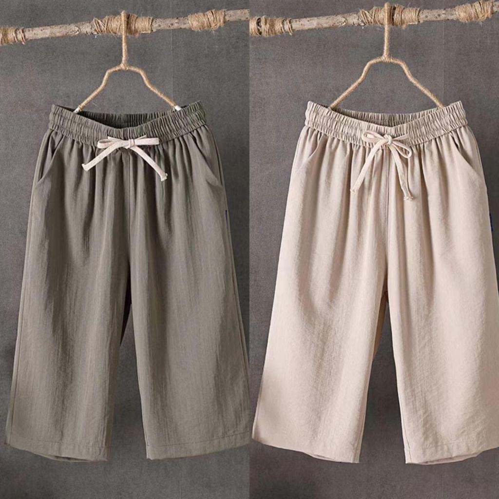 Women's Summer Cotton-Linen Loose Wide-Leg Crop Pants 216 - Plus Size