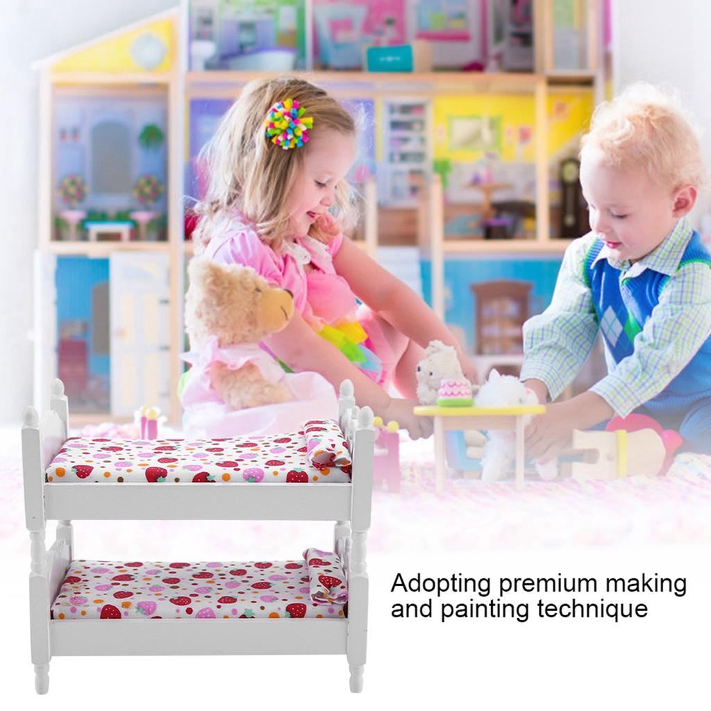 1:12 Doll House Mini Furniture Children Bedroom Model Bunk Bed Toys(Pink Strawberry)