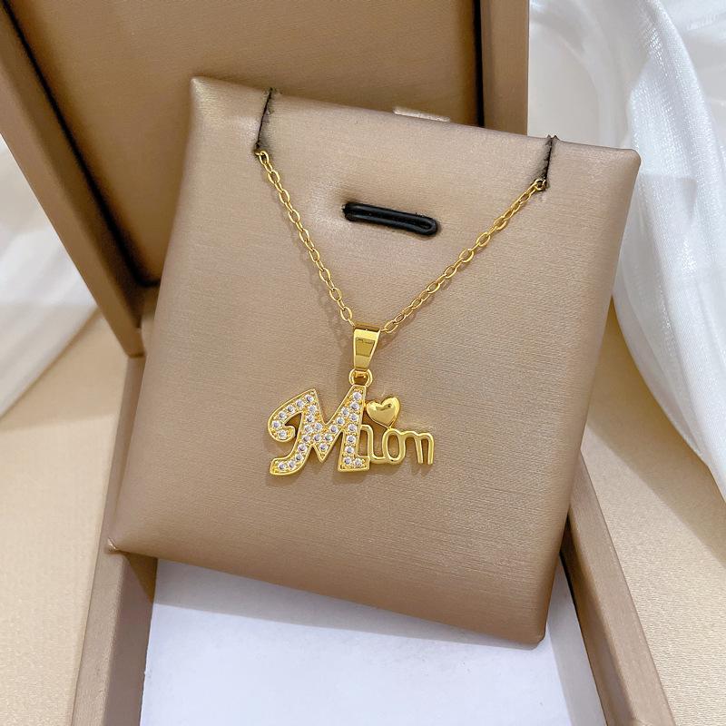 Micro Paved Zircon Heart MOM Letter Pendant Necklace For Women Mom Choker Stainless Steel Chain Jewelry Mini Mother's Day Gift