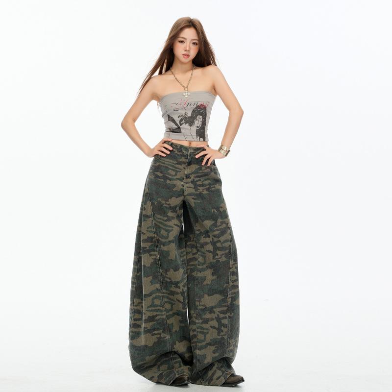 American deconstruction camouflage jeans women's autumn new loose high waist drape thin versatile scimitar wide leg pants