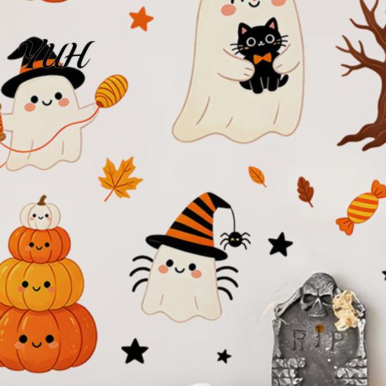 Cute Ghost Pumpkin Wall Stickers Halloween Stickers, And Print Decals, Indoor Party Atmosphere Removable PVC DIY Holiday for Classroom Window