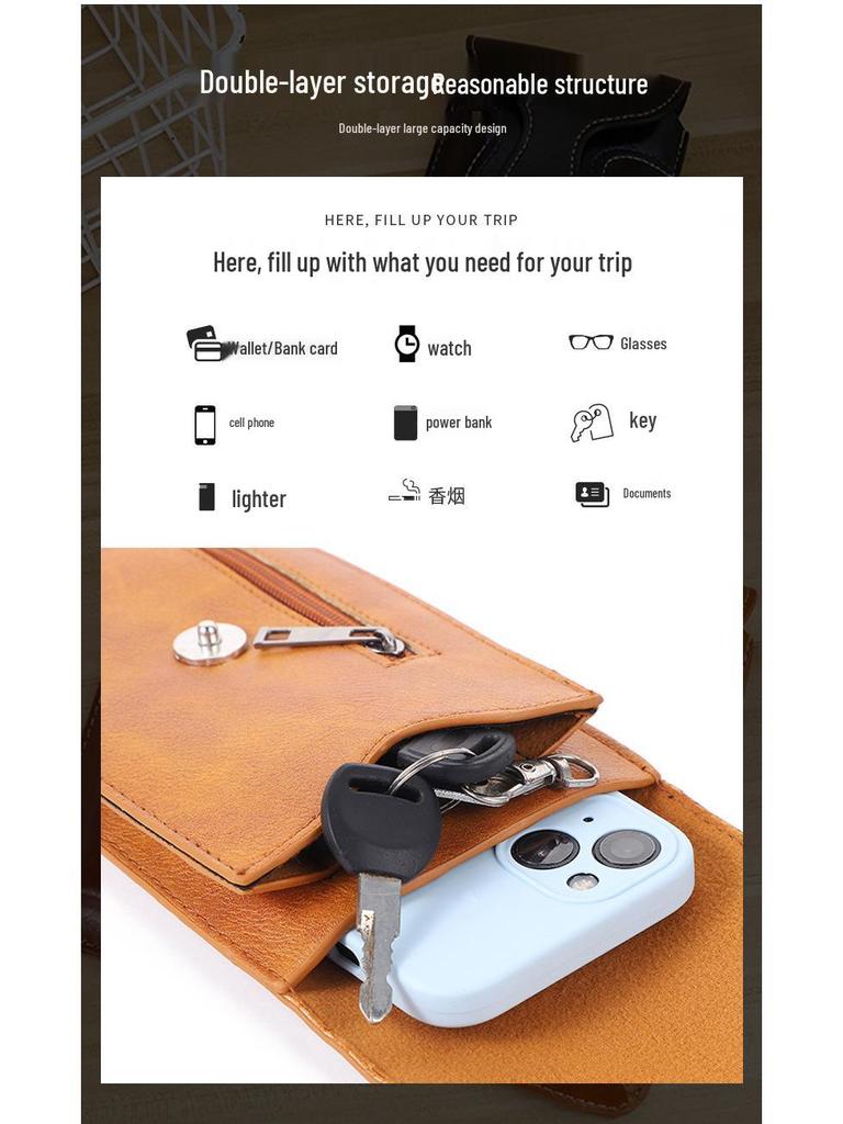 PU Leather Double Layer Mobile Phone Waist Bag for Men - Slim, Multifunctional Vertical Belt Bag for Construction Work