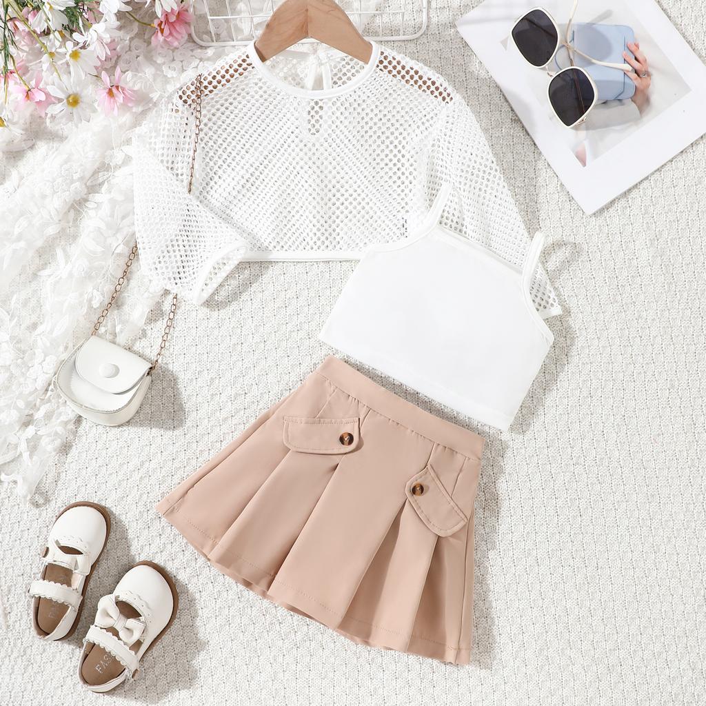 Модный костюм для девочек Детское повседневное сетчатое пальто + жилет на бретельках + плиссированная юбка Костюм-тройка