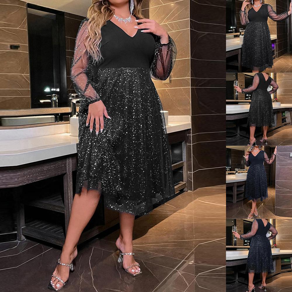Плюс размер элегантное женское сексуальное платье миди с V-образным вырезом и прозрачными сетчатыми рукавами, пайетками, женское вечернее платье с оборками, красивая одежда больших размеров 2023-2024