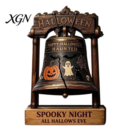 Halloween Theme Gifts Vintage Wooden Bell Decor, Rustic Farmhouse Shelf Sitter with Showcase Ornaments Metal Wood Stand, Tabletop Centerpiece