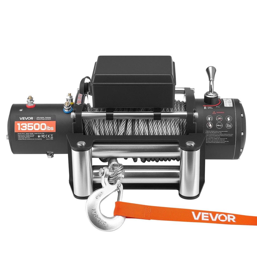 Electric Winch, 6100 kg Load Capacity, 12V DC Truck Winch with 9.5 mm x 24 m Steel Rope, Wireless & Wired Remote Control, IP55 Waterproof for Towing