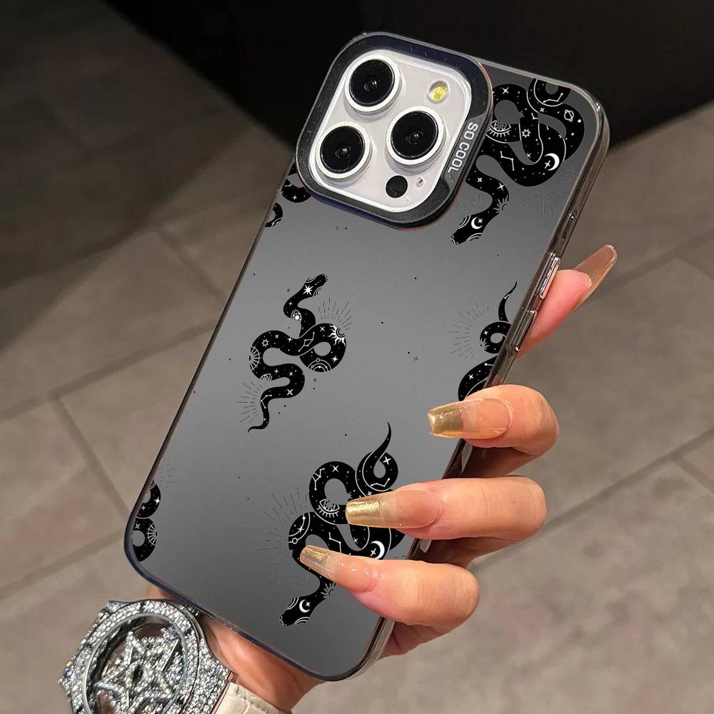 Stylish Black S-Snake Print Phone Case For iPhone 17,16,15,14,13,12,11 Plus,Pro Max,XS,Colored Silver Plated Inside Cover