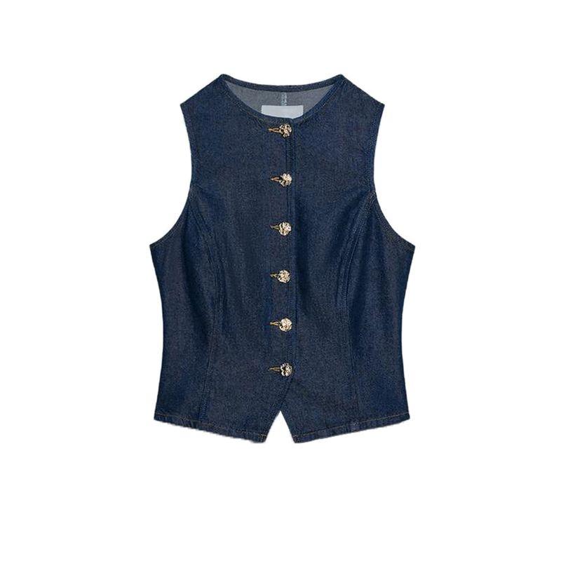 Round Neck Sleeveless Gold Button Decoration Denim Vest 6164109 Denim Pleated Belt Shorts 6164112