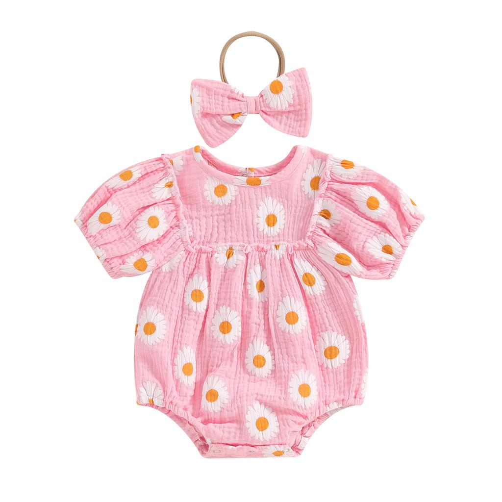 Baby Girls Rompers Daisy Print Short Sleeve Round Neck Infant Bodysuits Summer Clothes with Headband