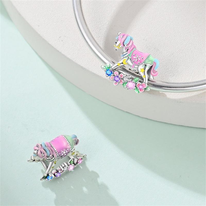 Charms Beads 925 Silver Rainbow Swing Carousel Trojan Horse Pendant For Woman Jewelry For Bracelet Accessories
