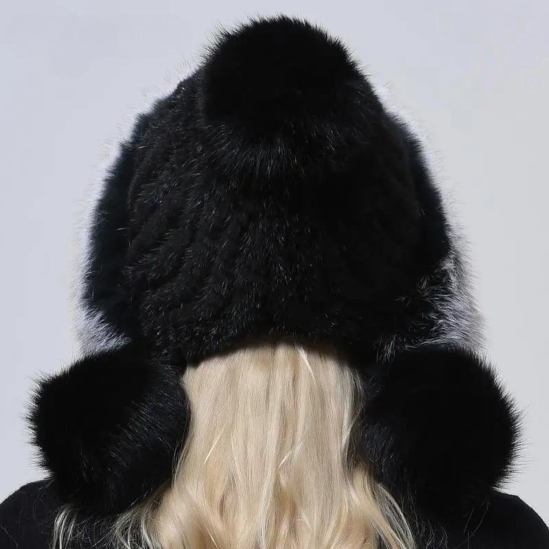 Шапки из натурального норкового меха, вязаная шапка с ушками, теплая снежная пушистая женская шапка из лисьего меха, роскошная женская шапка на открытом воздухе