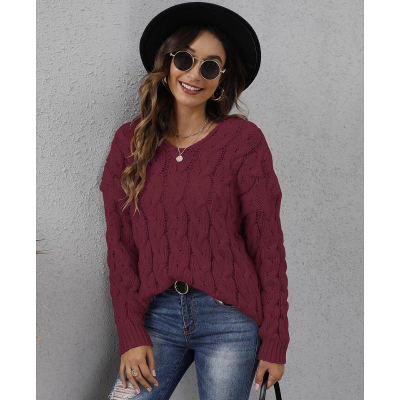 Autumn and Winter Women's Thickened Twist Knit V-Neck Hooded Loose Pullover Sweater