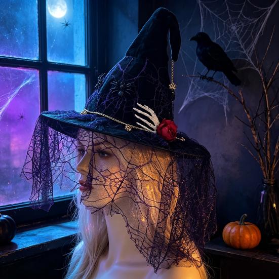 Creative Halloween Props Punk Skeleton Hand Witch Hat with Spider And Veil, Black Large Reusable Holiday Ornaments Wizard Costume Accessory