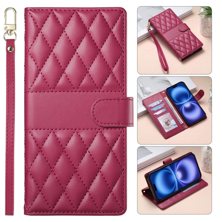 Premium PU Leather Diamond Quilted Phone Case with Photo Frame & Cash Pocket for Xiaomi/Redmi/Honor Detachable Wristband Strap Shockproof Case Cover