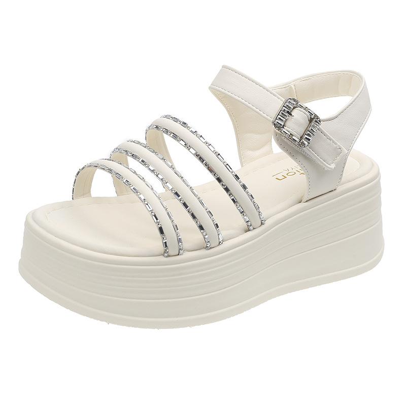 Весенне-летние новые сандалии на толстой подошве с увеличением высоты женские на маленьком высоком каблуке с юбками французские со стразами с открытым носком пляжная обувь