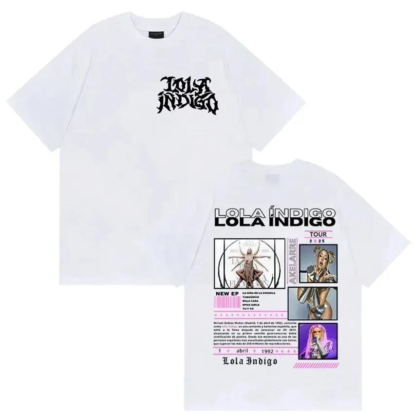 Lola Indigo 2026 Тур Двусторонняя Оверсайз Футболка_ Готическая Типографика Логотип Бренда на Передней и Задней Панелях с Этикеткой Тур 2026
