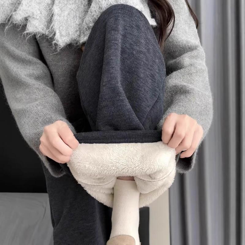 Womens Warm Fleece-Lined Wide Leg Pants Soft Knit High-Waist Loose Fit Winter Casual Trousers