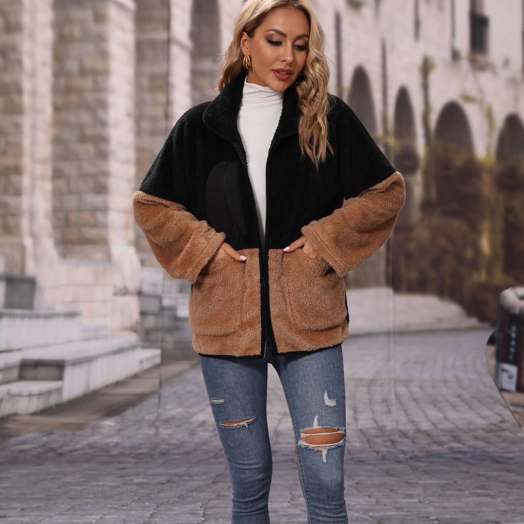 Женские пушистые флисовые куртки, повседневные, с цветными блоками, с длинными рукавами, на молнии, с лацканами, плюшевое пальто из шерпы с карманами, теплая зимняя верхняя одежда для женщин из искусственного меха