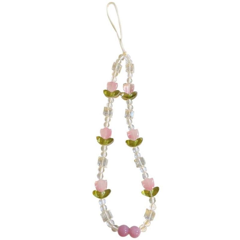 Colorful Floral Bead Phone Lanyard Pearls Wristlet Charm Strap Flower Phone Charm Strap Portable Chain for Smartphones