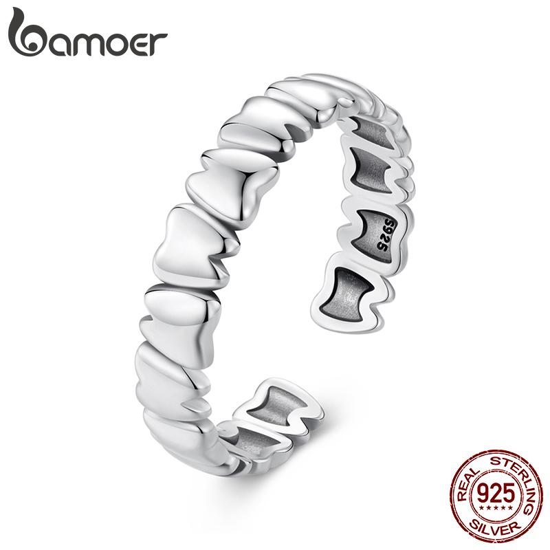 BAMOER 925 Sterling Silver Statement Bands for Women Dainty Stackable Teeth Ring Party Jewelry Gift SCR1104-E
