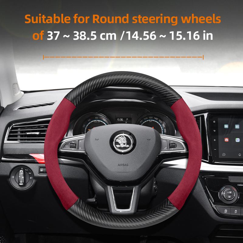 Suitable for Skoda Suede Matte Carbon Fiber Texture Steering Wheel Cover Suitable for Octavia 2 3 A7 1 Superb Roomster A5