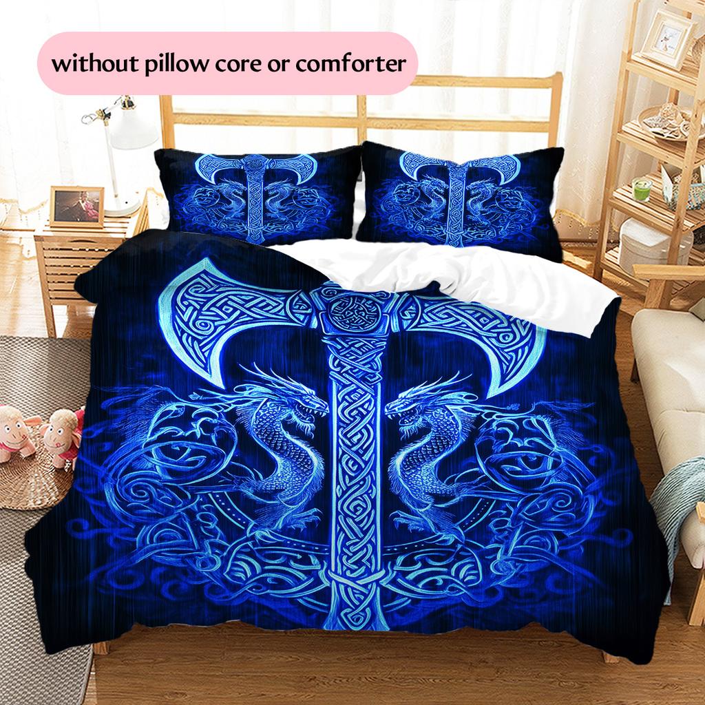 Viking battle axe Pattern Bedding Quilt Set Quilt Cover Pillowcase Home Decoration Gift (1 * duvet cover + 2 * pillowcase, without core)