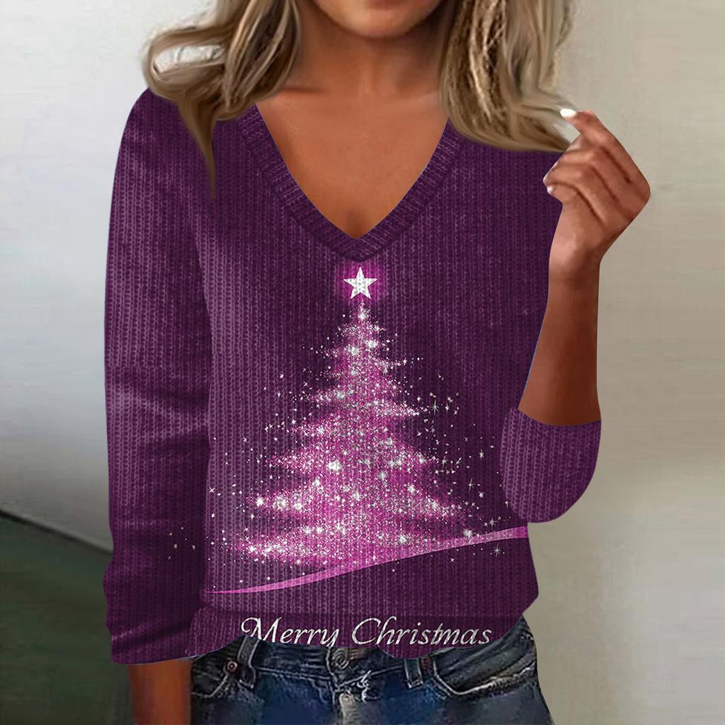 Women's Cute Sweatshirt Knitted Fashion Casual V-neck Long-sleeved Cozy Print Top