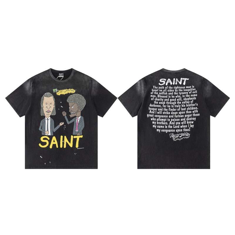 Saint Michael Abstract Cross Print T-Shirt Mens Loose Fit Vintage Wash Short Sleeve Streetwear Tee