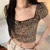 Kpop Leopard Print T-shirt Women Y2k Harajuku Slim Crop Top Korean Vintage Sexy Square Collar Short Sleeve Tee Summer