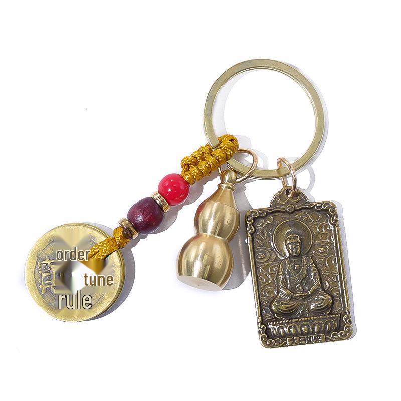 Брелок-амулет из латуни со знаками зодиака: Восемь Богов-Хранителей с подвеской в виде полой медной тыквы-горлянки