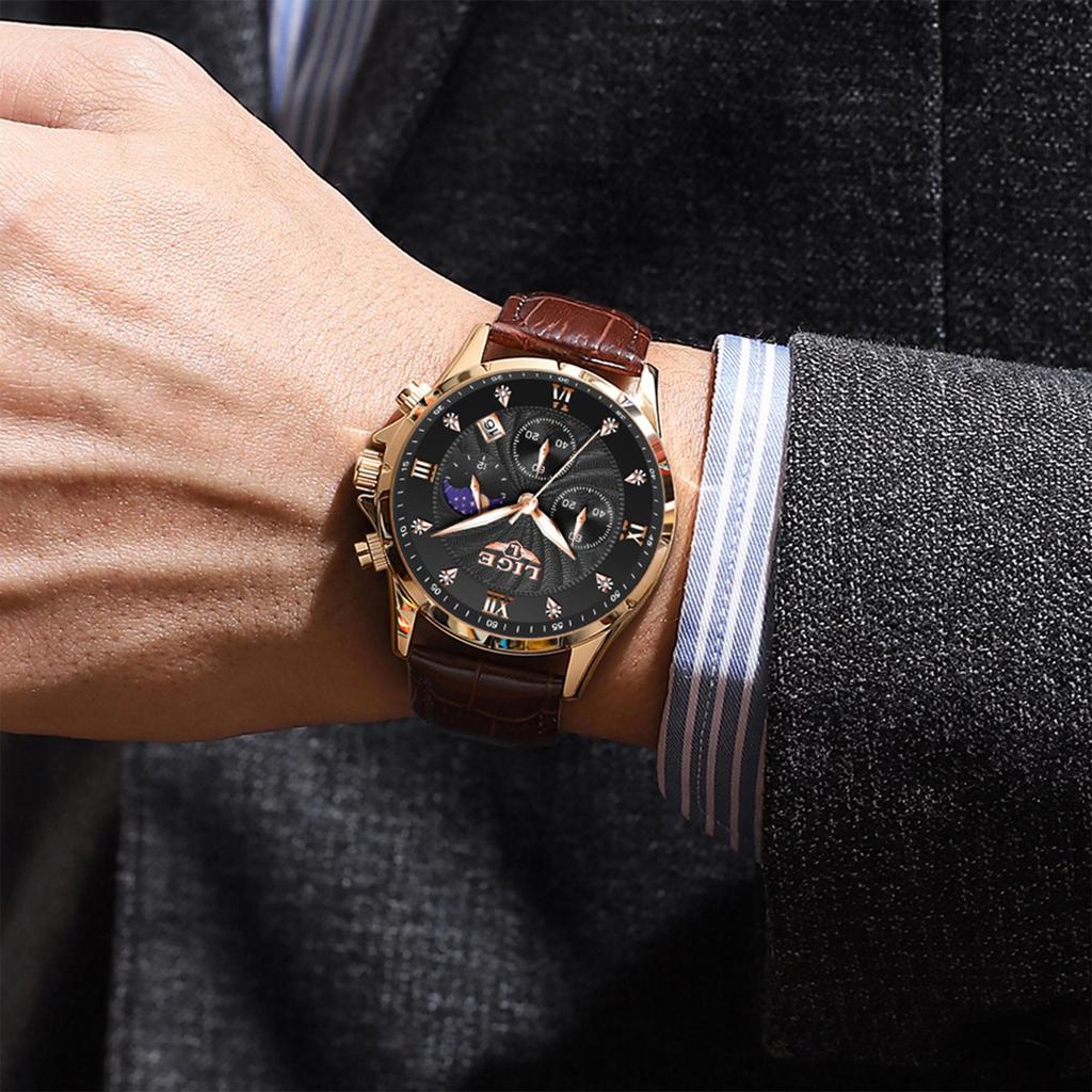 LIGE Men Watch Fashion Casual Luminous Waterproof Chronograph Leather Strap Quartz Watch