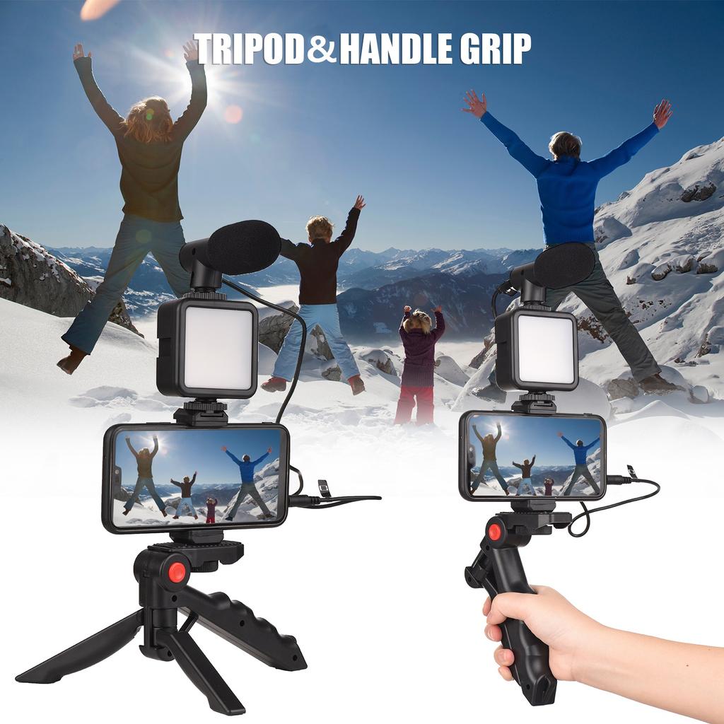Smartphone Vlog Kit LED Video Light + Cardioid Microphone + Extendable Phone Clip + Tripod with Brightness for Live Strm Vlog Video Sh