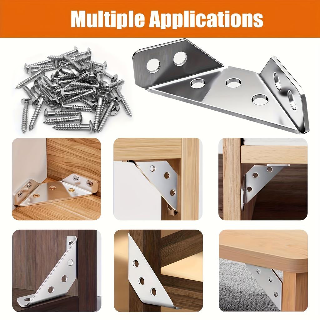 2/20set Corner Brackets Stainless Steel Furniture Angle Shelf Connector Cabinet Support Fixing Frame Corner Brace with Screw