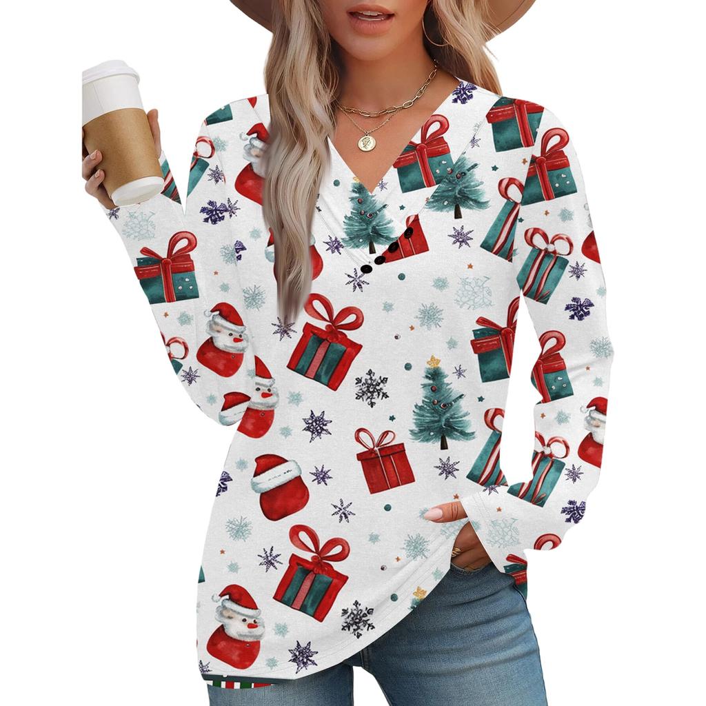 Women's Fashion Casual V-neck Pleated Christmas Long Sleeve Top