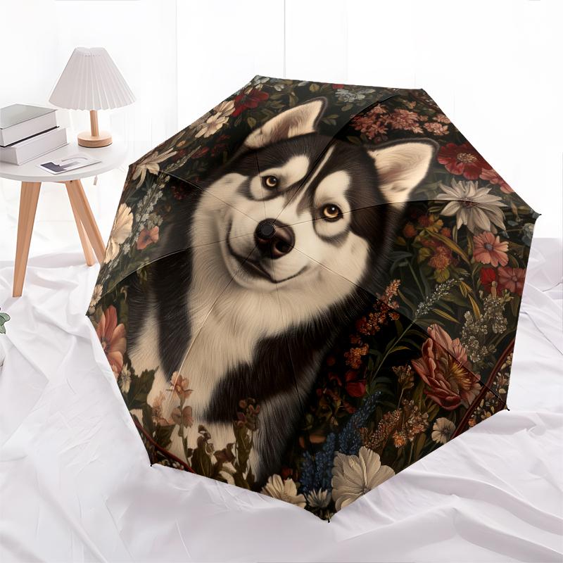 Husky pattern, automatic folding umbrella, portable and foldable design, 8 ribs, a Christmas or birthday gift.