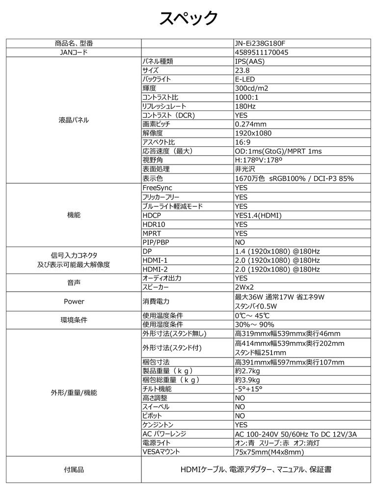 Site JAPANNEXT Inch IPS Panel Equipped with 180Hz Compatible Full HD Resolution Gaming Monitor HDMI DP 1ms HDR Connection Year [EC Only] 23.8