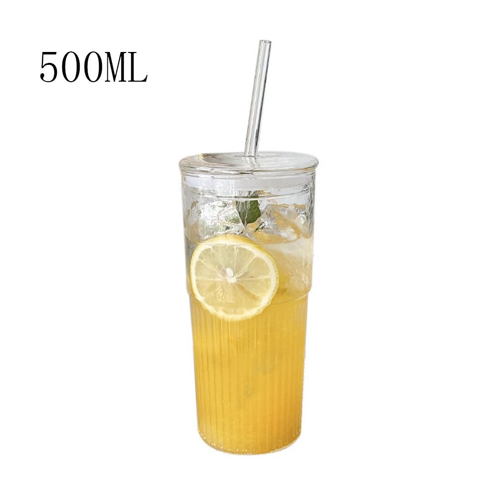With Lid Glass Cup Transparent Cold Drink Cup 500/600ML Straw Cup School