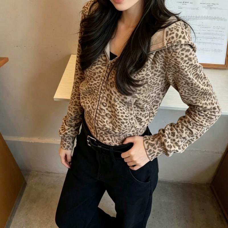 Sweet Cool Leopard Print Cropped Hooded Zip Up Sweatshirt 2026 Fall Streetwear Teens Youth
