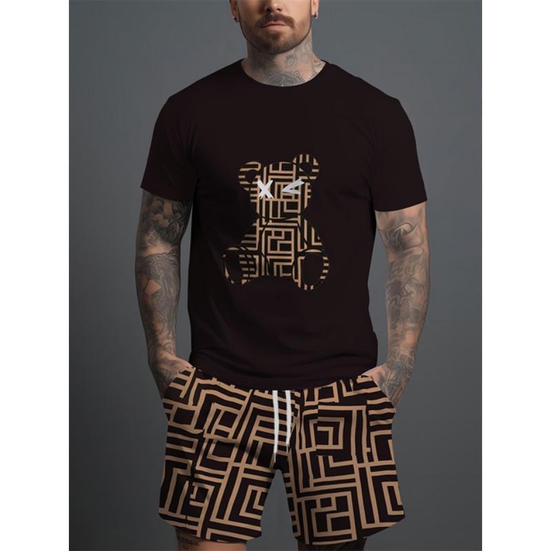 Комплект из 2 предметов: мужская футболка с коротким рукавом и шорты на шнурке с принтом мультяшного медведя, летний повседневный топ, мужские пляжные брюки для спорта на открытом воздухе