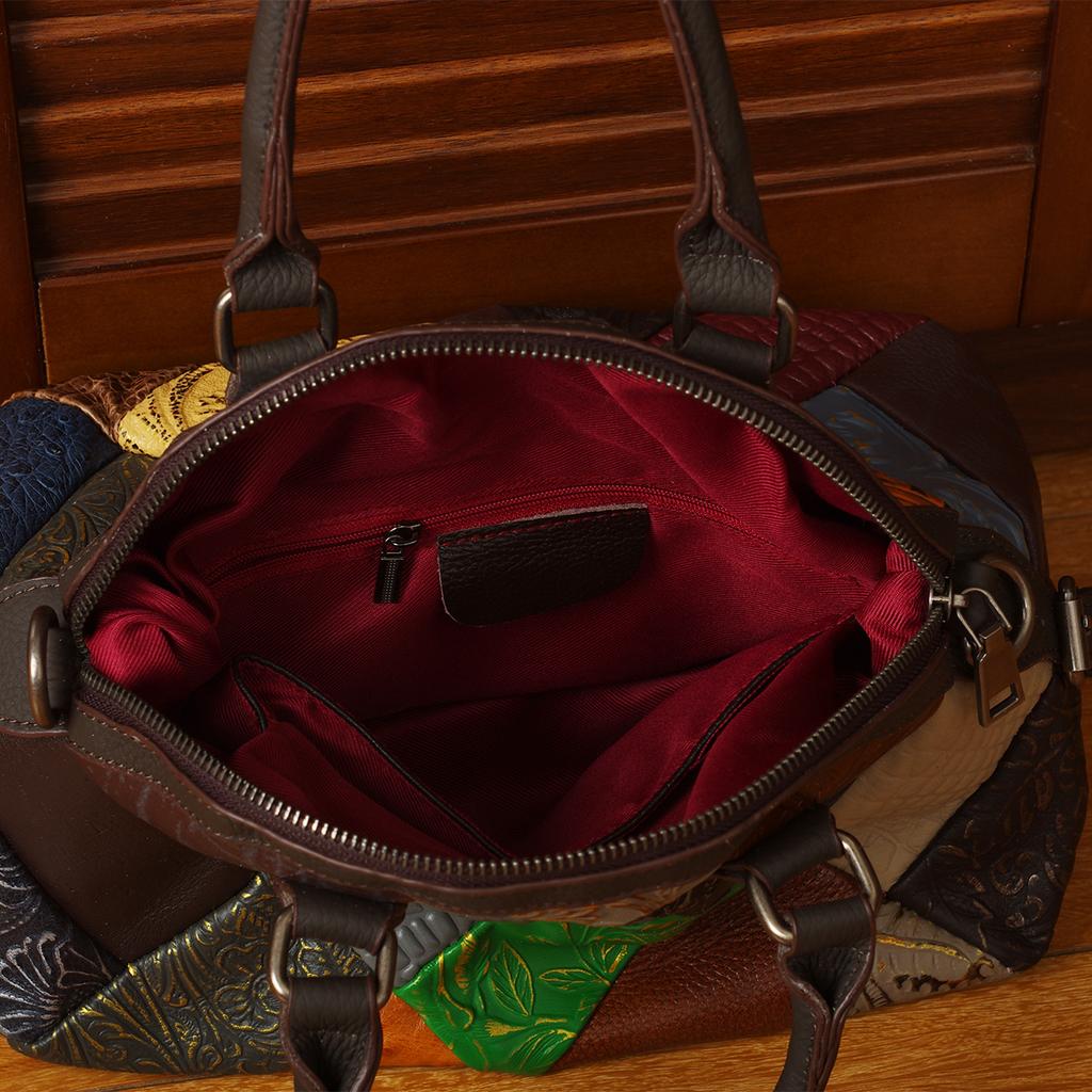 Genuine Leather Crossbody Bag for Women Portable Shoulder Bag Color Contrast Geometric Pattern Retro Style Soft Random Color Contrast