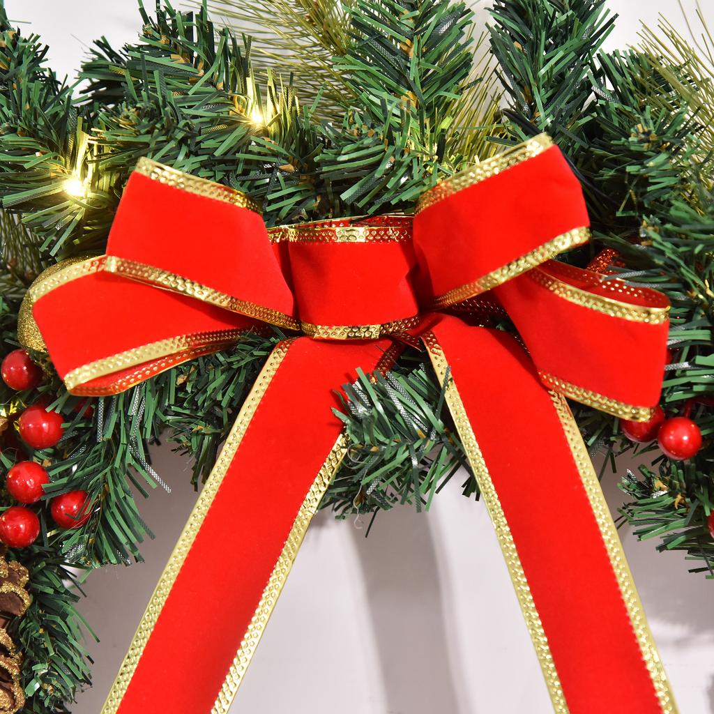 60cm Pre-Lit Artificial Christmas Door Wreath Holly LED Decor Pine Cones Hanging Glittered Festival Indoor Decoration